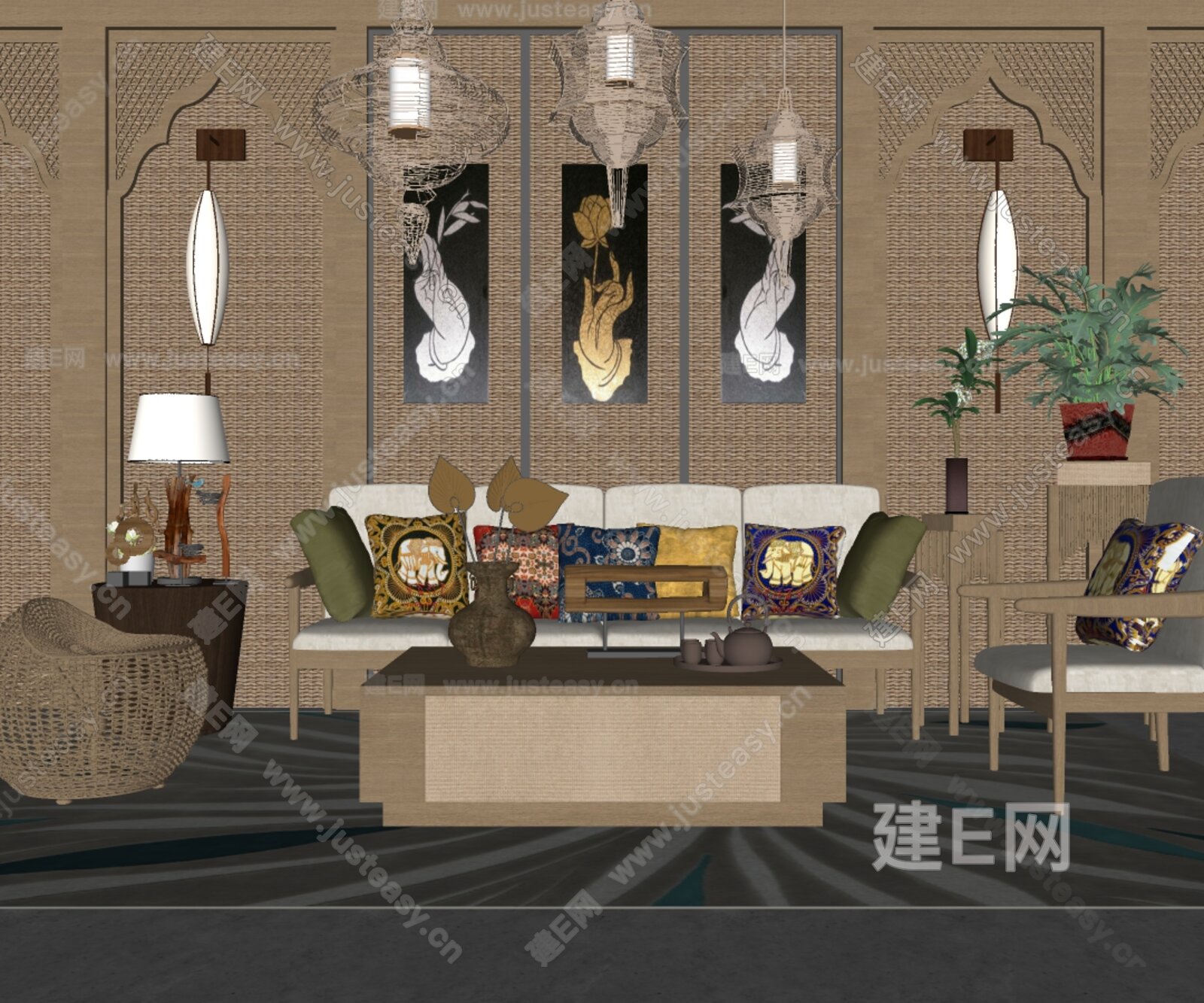 东南亚沙发茶几组合模型SU模型下载[ID:102451475]_建E室内设计网