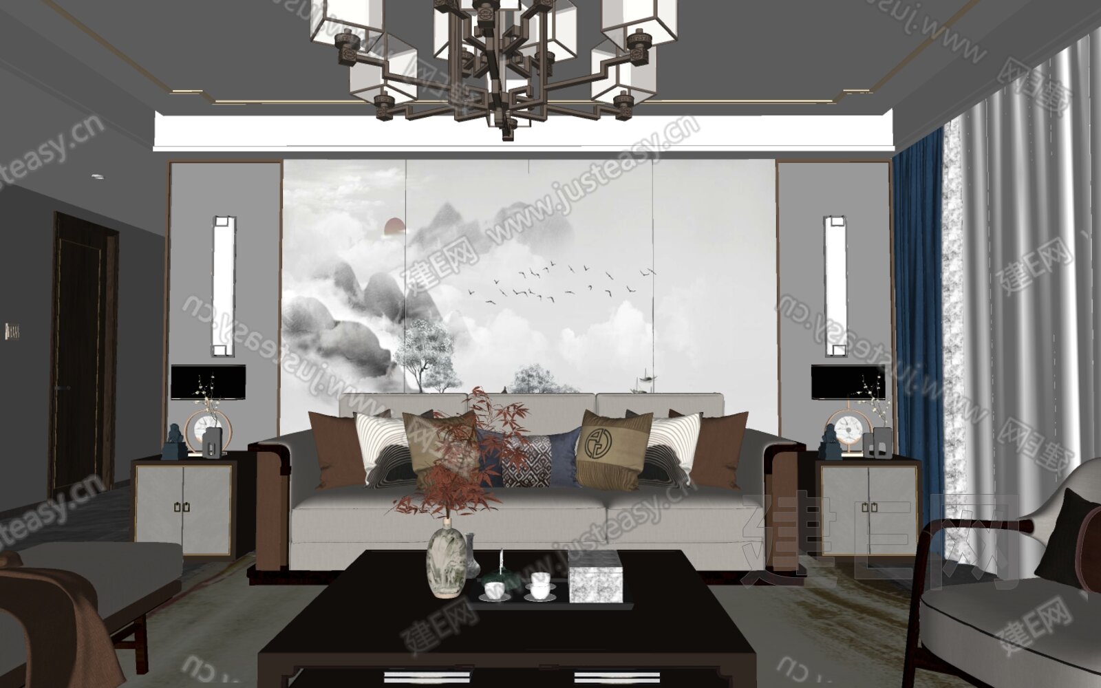 新中式客厅模型SU模型下载[ID:116279373]_建E室内设计网