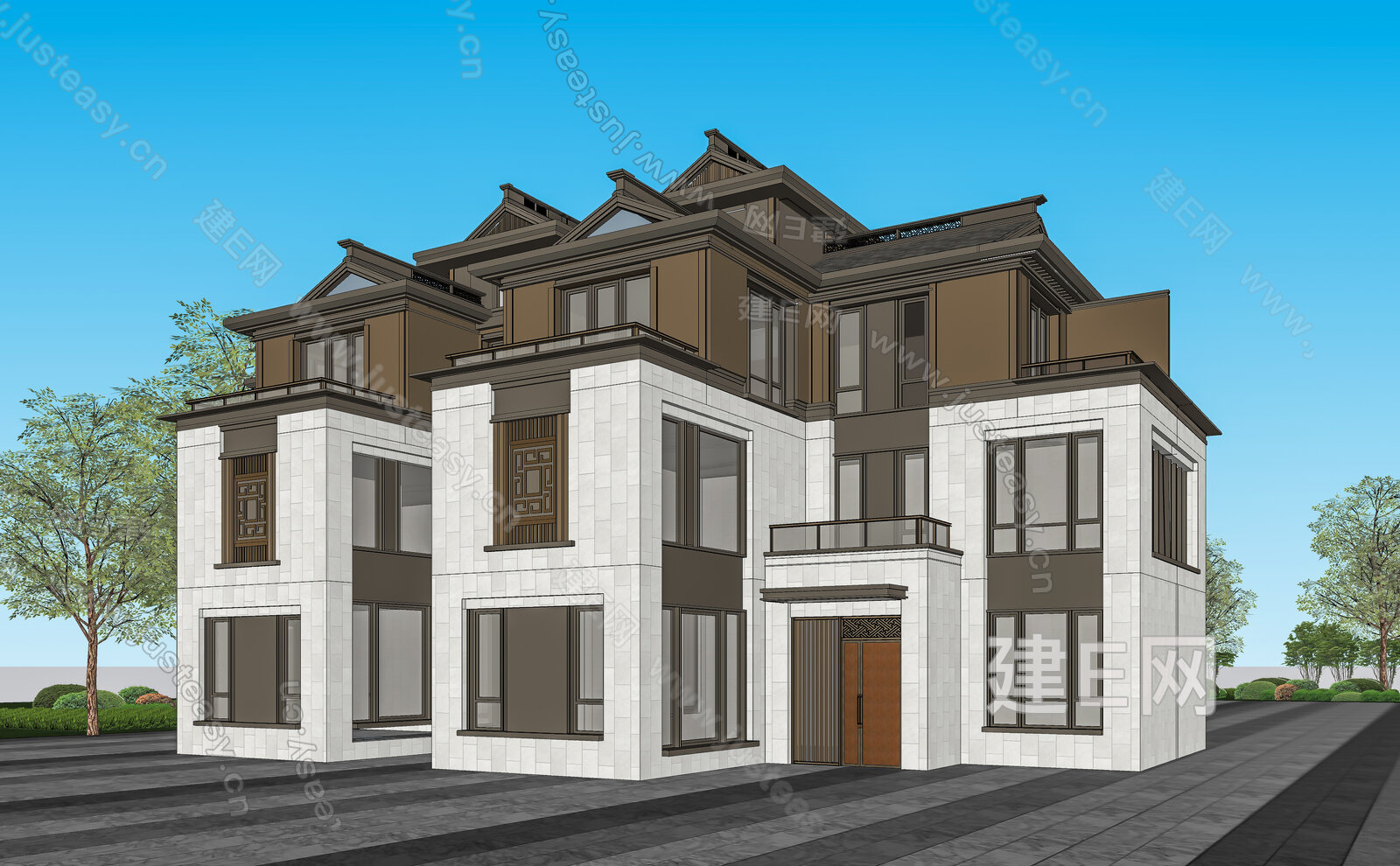 新中式别墅模型SU模型下载[ID:116082712]_建E室内设计网