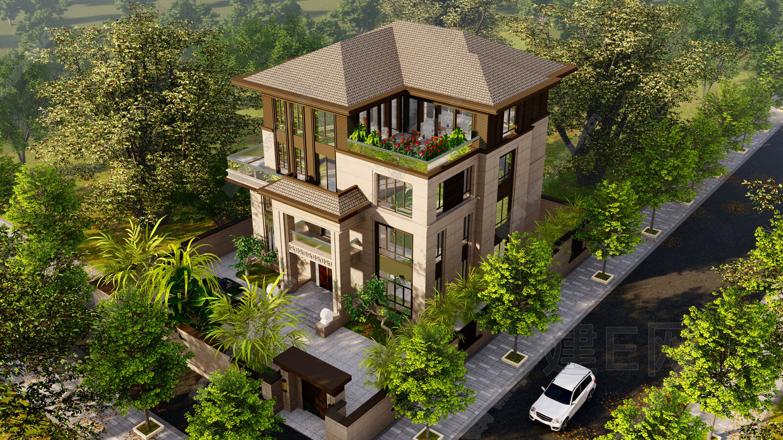新中式别墅模型SU模型下载[ID:116410414]_建e网su模型