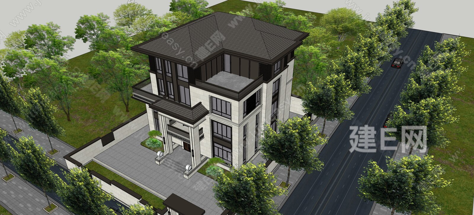 新中式别墅模型SU模型下载[ID:116410414]_建e网su模型