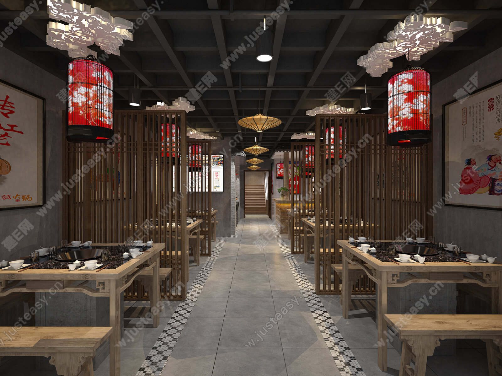 新中式火锅店餐厅模型SU模型下载[ID:116672547]_建E室内设计网
