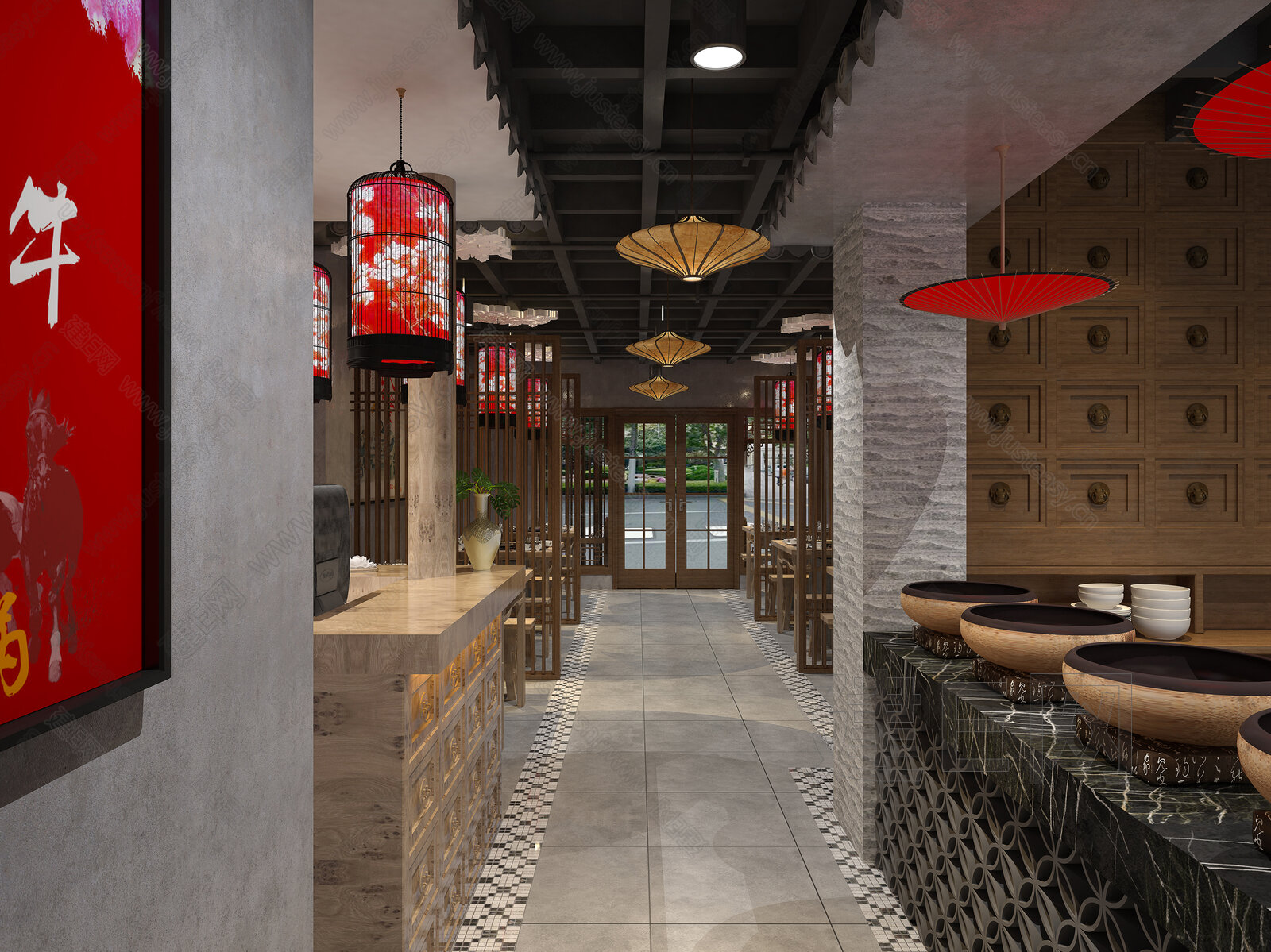 新中式火锅店餐厅模型SU模型下载[ID:116672547]_建E室内设计网