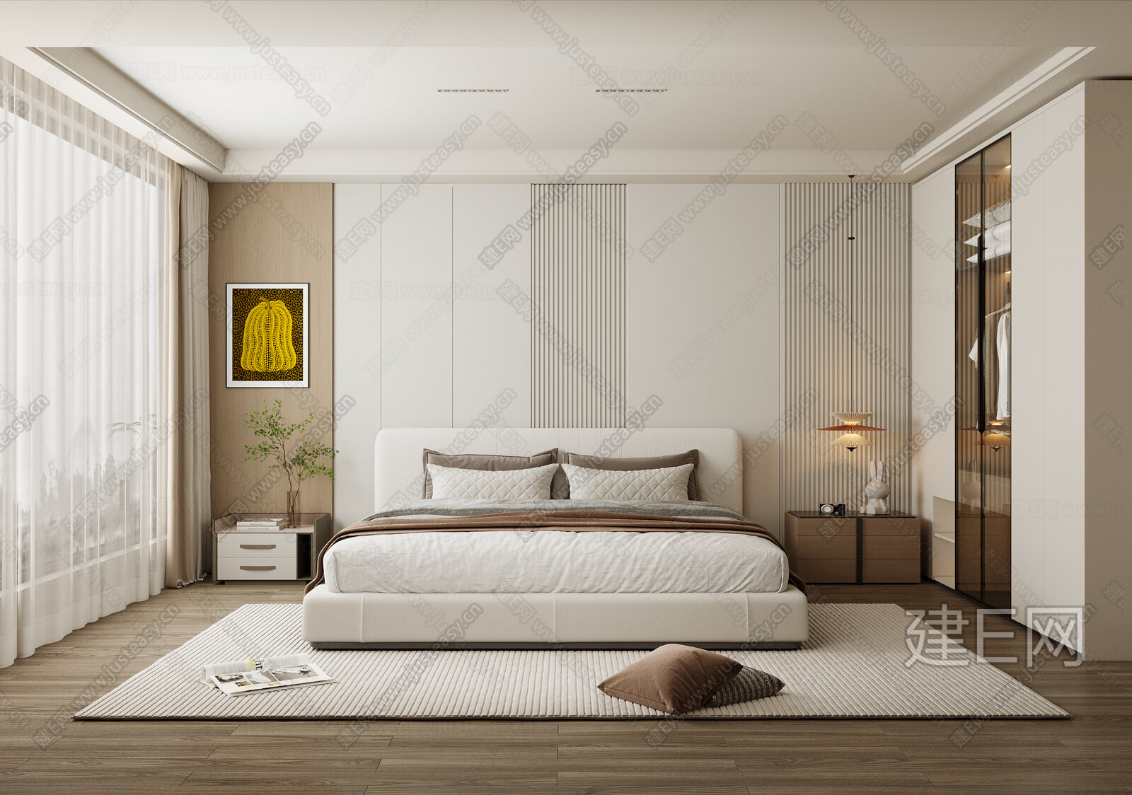 【现代奶油风卧室3d模型】建E网_现代奶油风卧室3d模型下载[ID:102454020]_打造3d现代奶油风卧室模型免费下载平台
