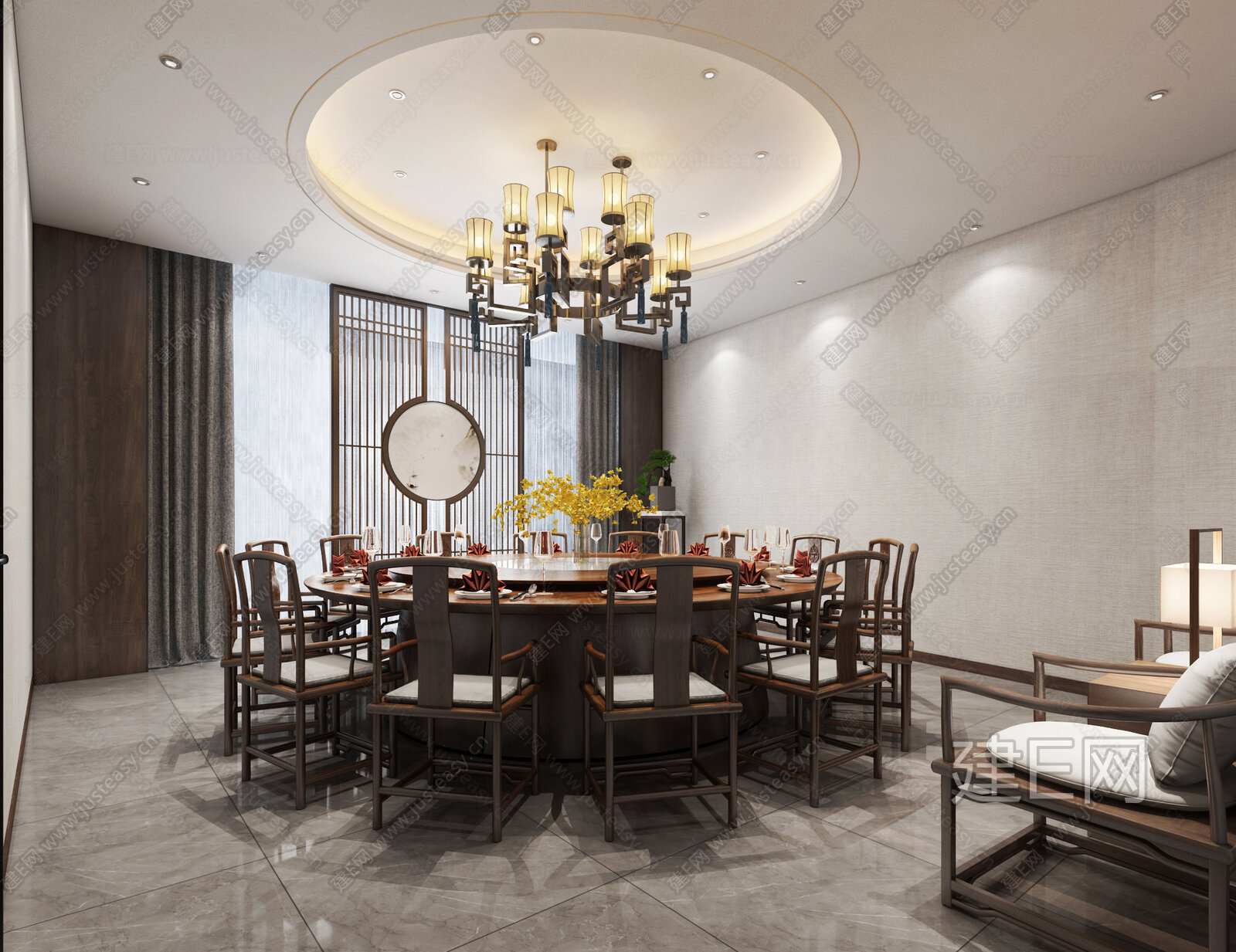 新中式餐厅包间3d模型下载[ID:102847480]_建e网3d模型