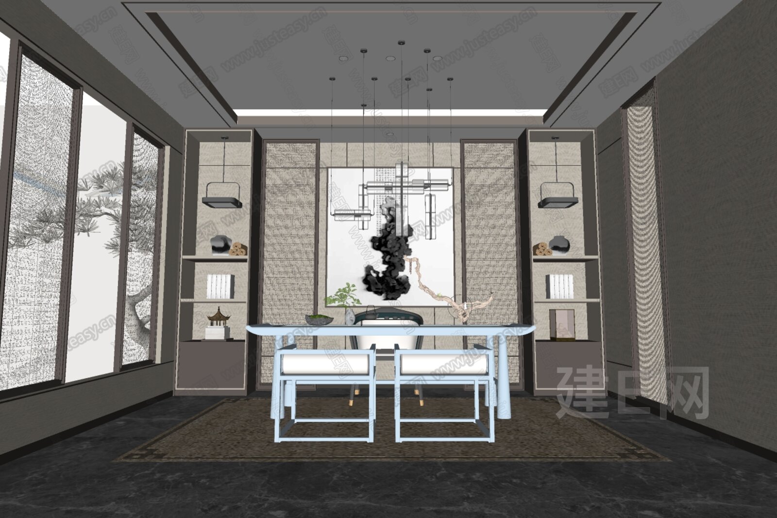新中式茶室 模型SU模型下载[ID:110774478]_建e网su模型