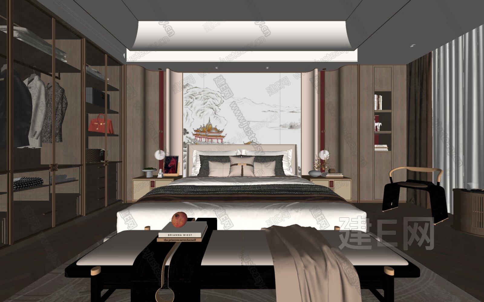 新中式卧室模型SU模型下载[ID:113133637]_建E室内设计网