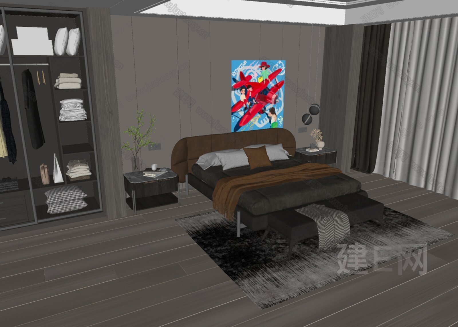 现代双人床模型SU模型下载[ID:112806003]_建E室内设计网