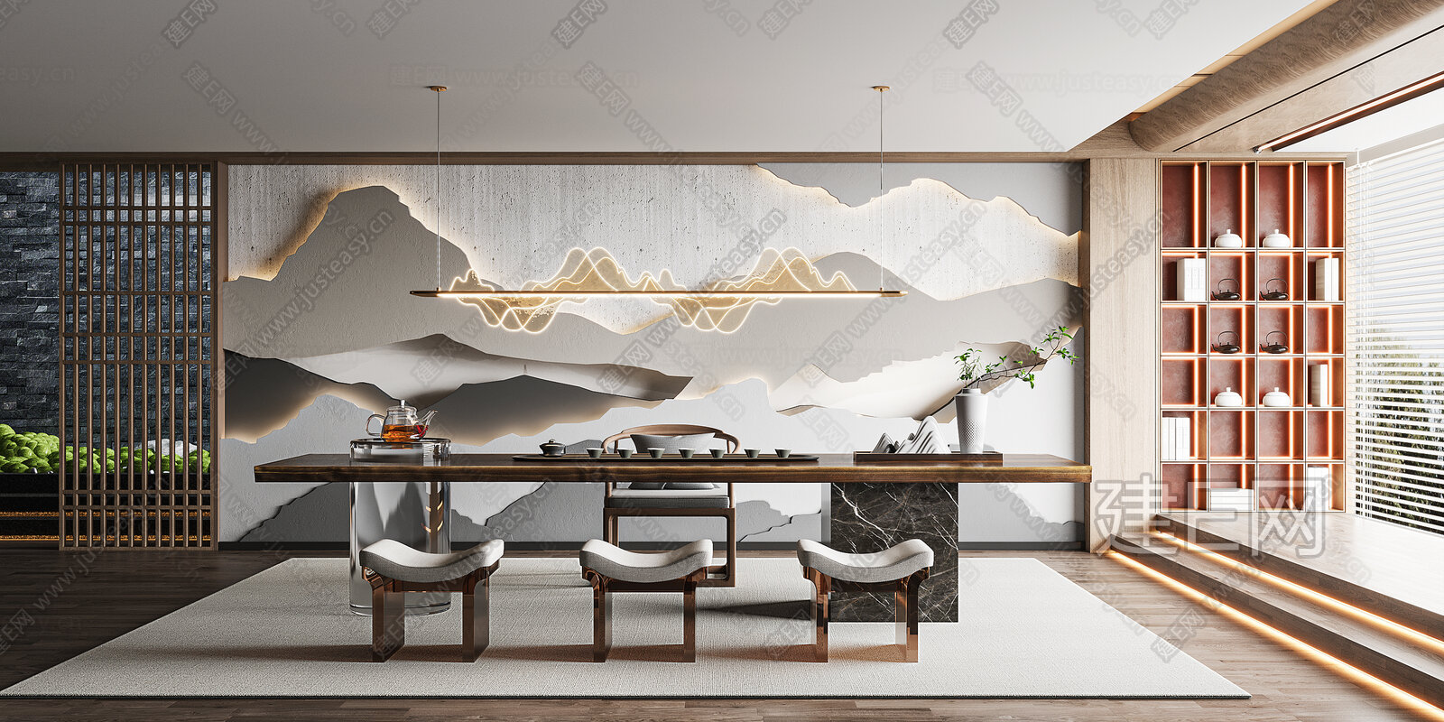 新中式茶室模型SU模型下载[ID:114248696]_建E室内设计网