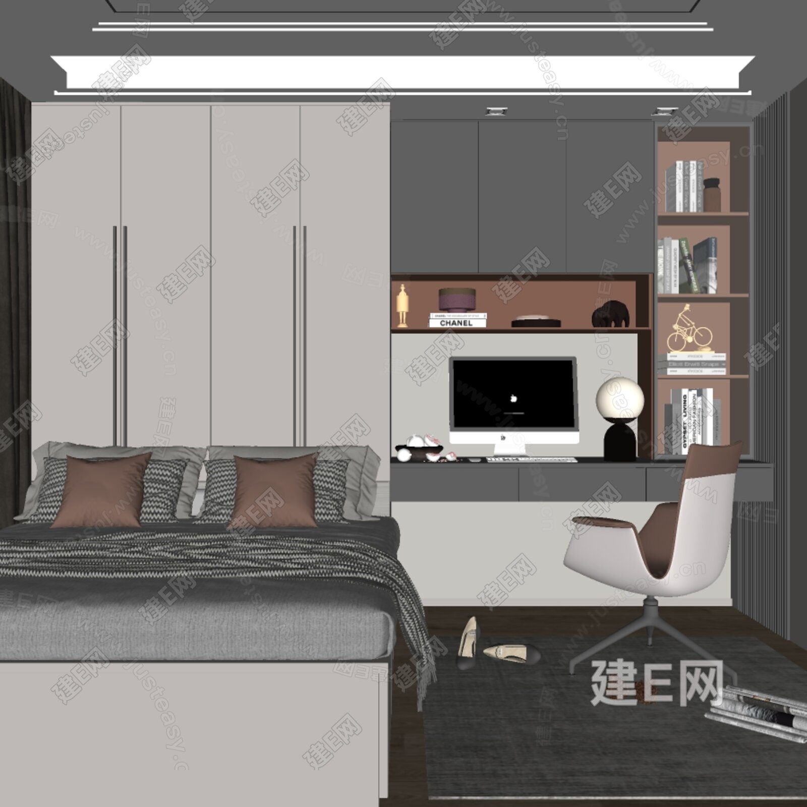 现代榻榻米卧室模型SU模型下载[ID:105794465]_建E室内设计网