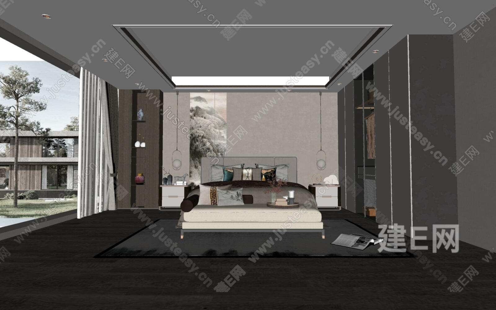 新中式卧室模型SU模型下载[ID:106384358]_建E室内设计网