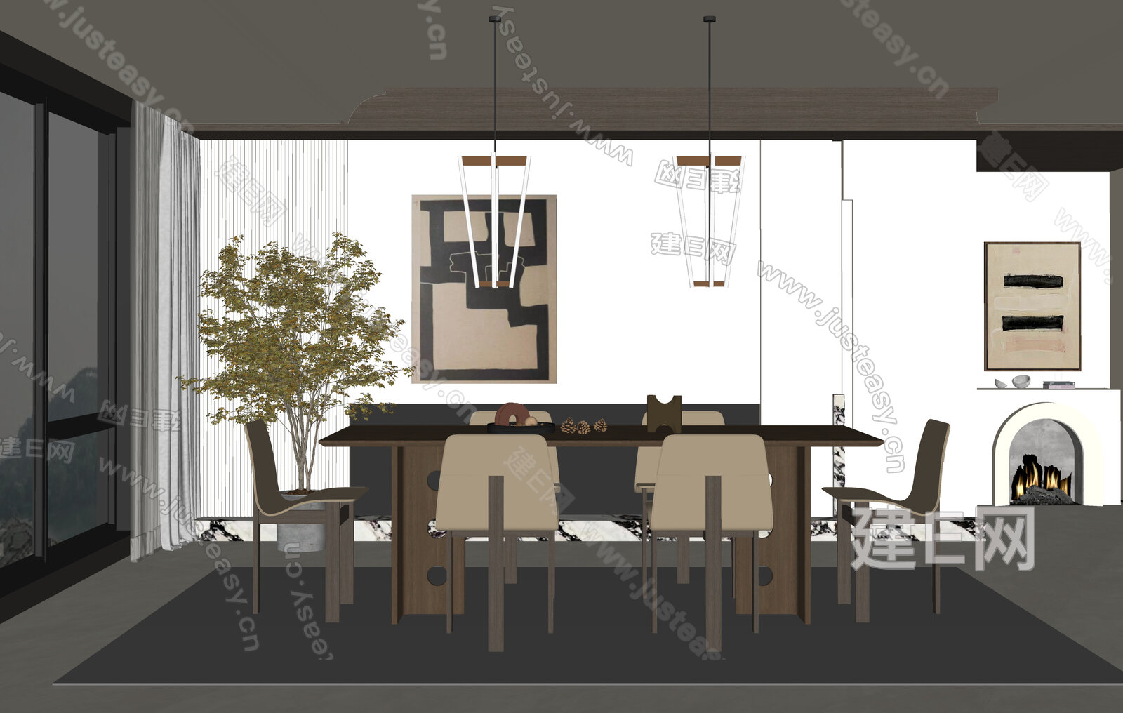 侘寂风餐厅模型SU模型下载[ID:106318668]_建e网su模型