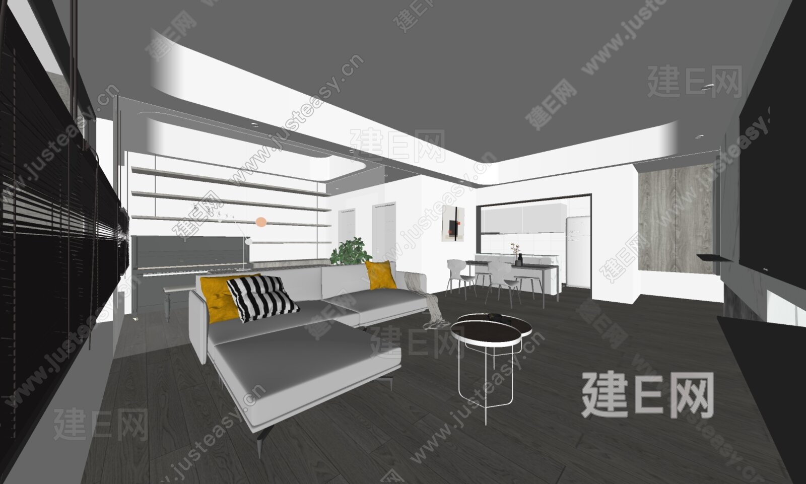 青田中室内设计 现代客餐厅模型SU模型下载[ID:107564029]_建E室内设计网