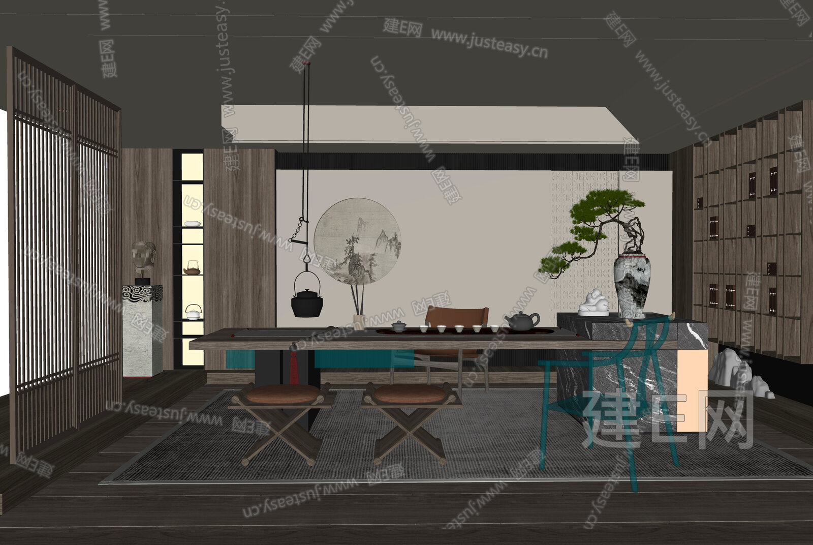 新中式茶室模型SU模型下载[ID:107629501]_建E室内设计网