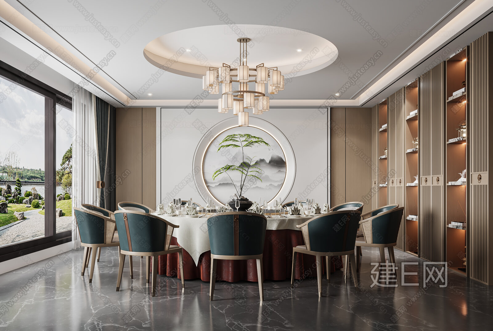 新中式酒店餐厅包间模型SU模型下载[ID:113462094]_建E室内设计网