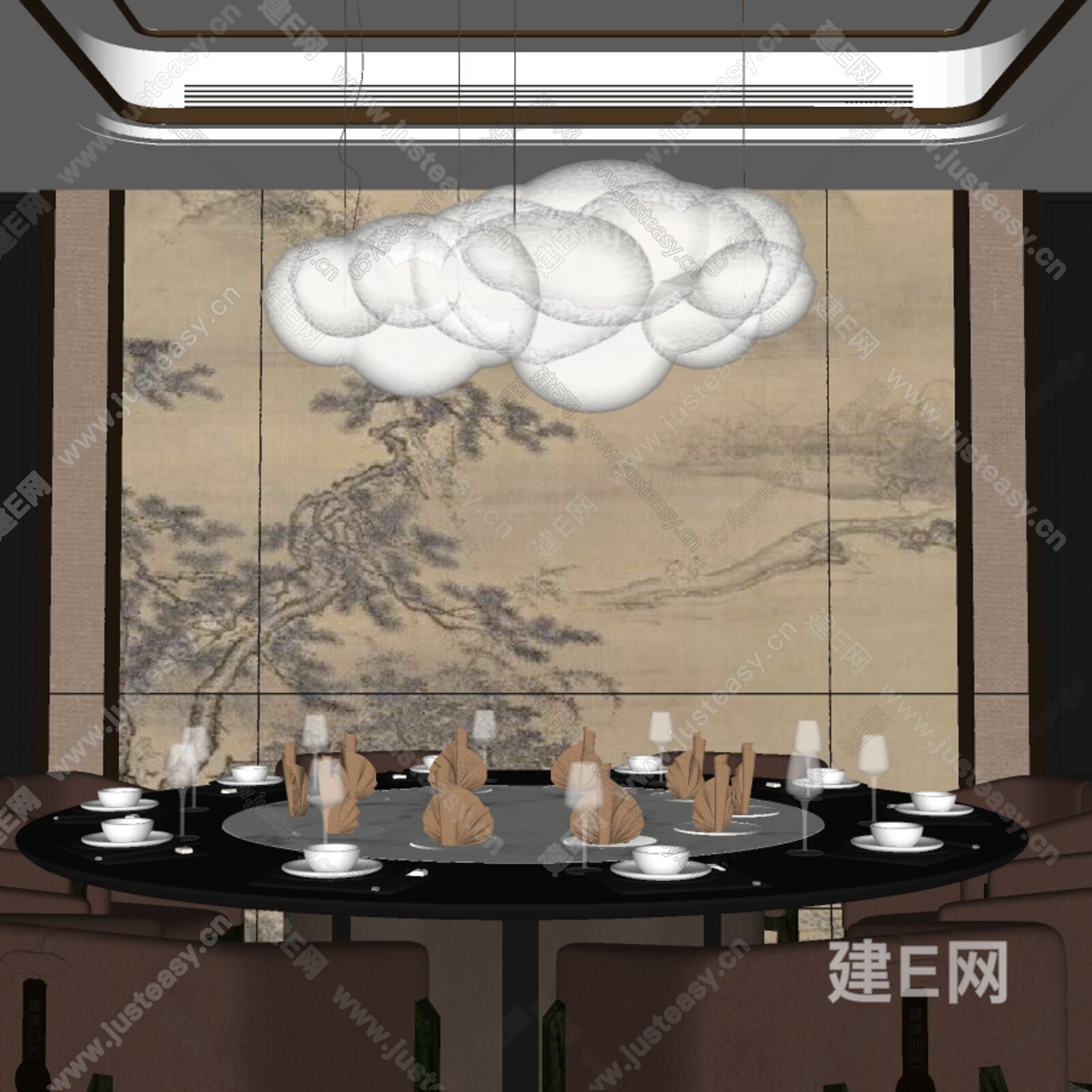 新中式餐厅模型SU模型下载[ID:101796697]_建E室内设计网