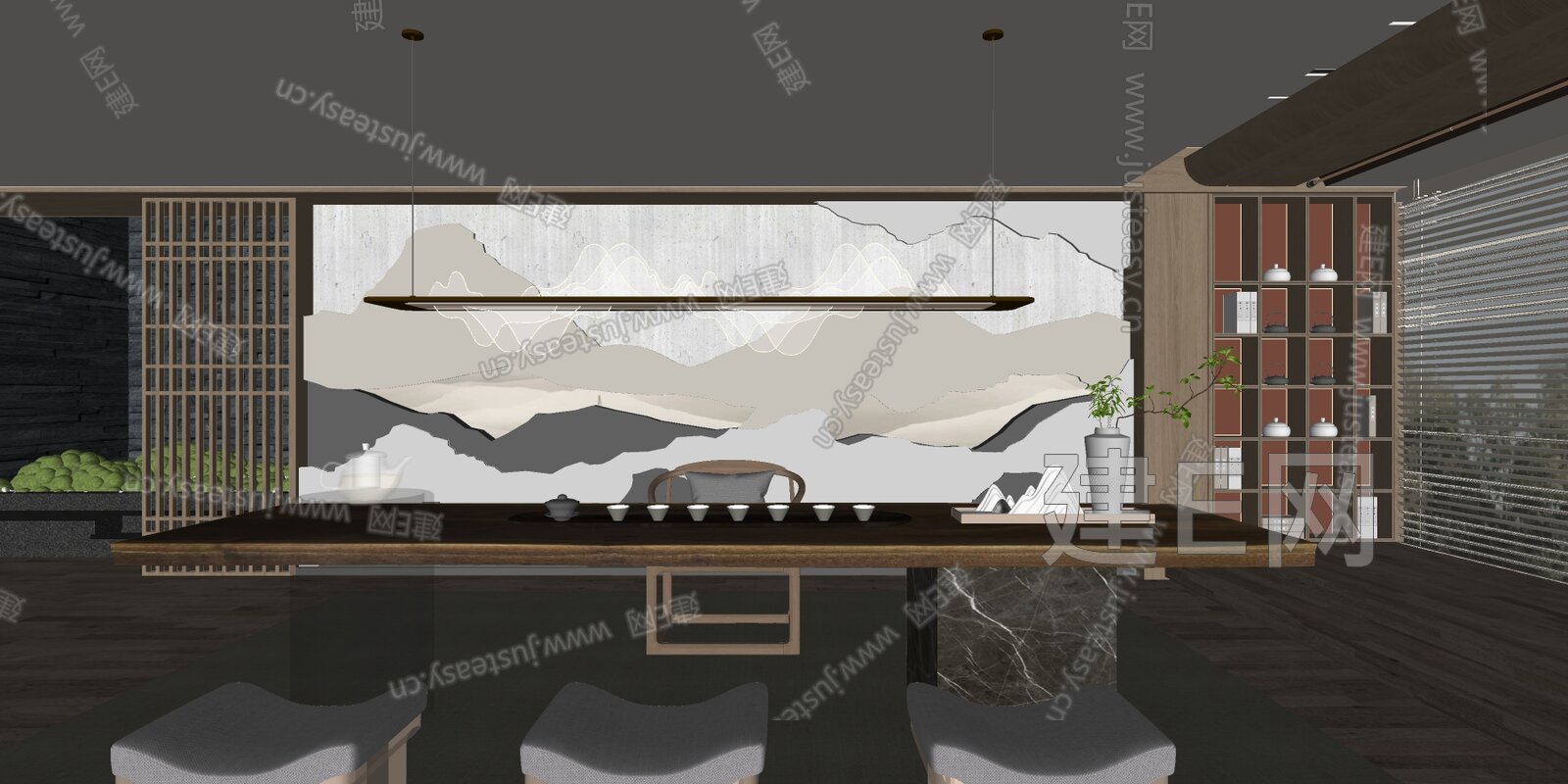 新中式茶室模型SU模型下载[ID:114248696]_建E室内设计网