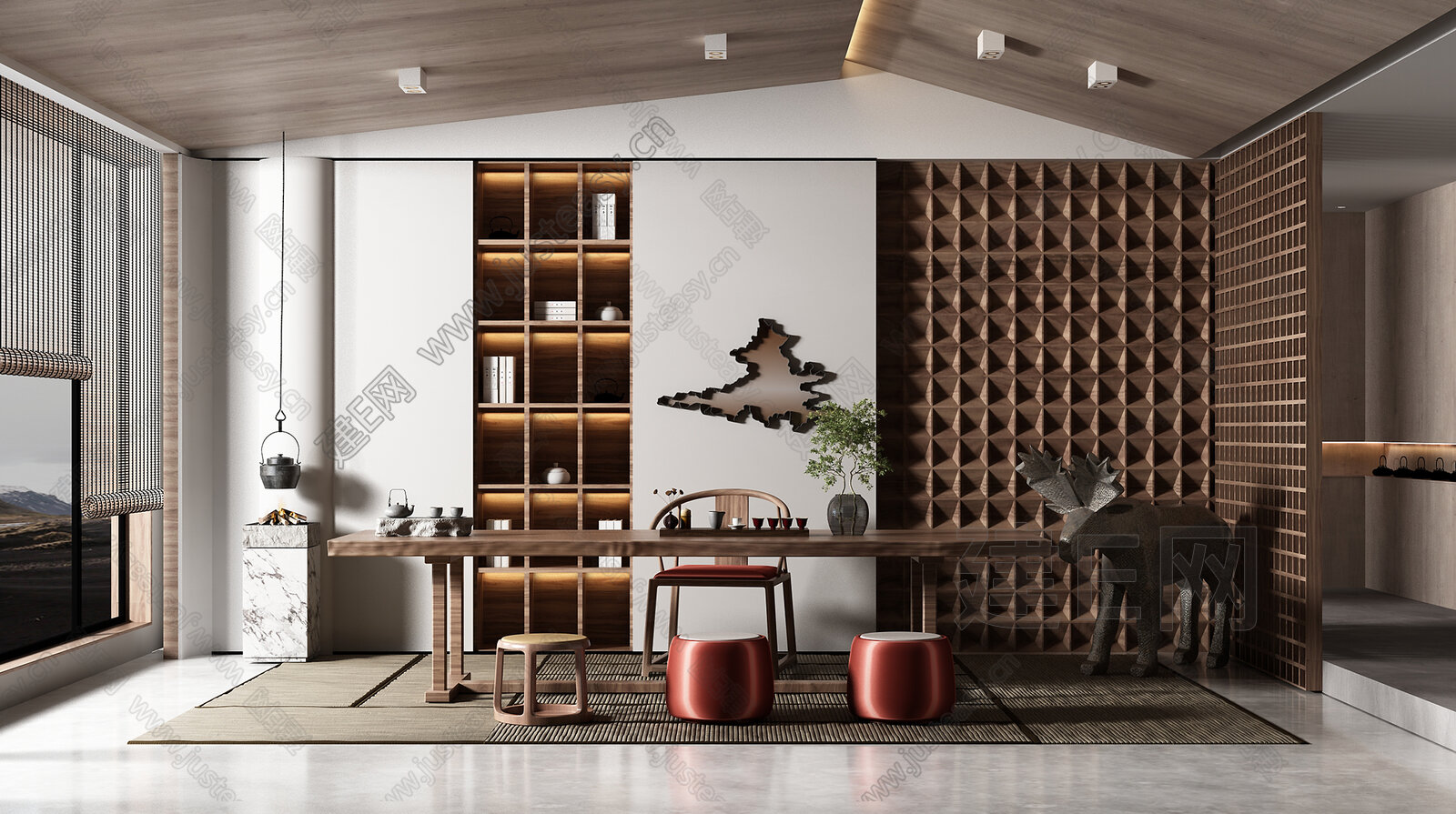新中式茶室模型SU模型下载[ID:115166104]_建E室内设计网