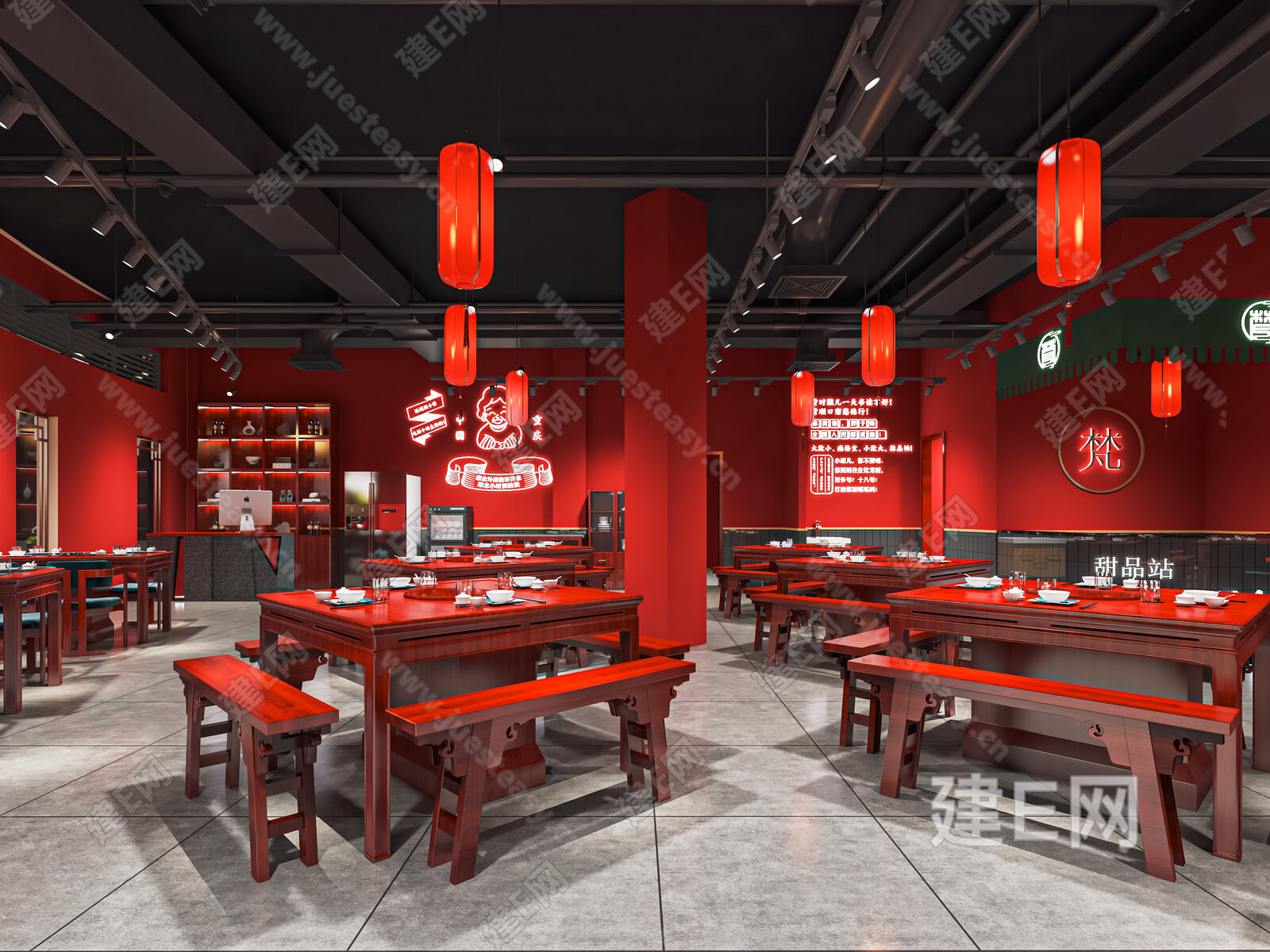 新中式火锅店模型SU模型下载[ID:114772900]_建e网su模型