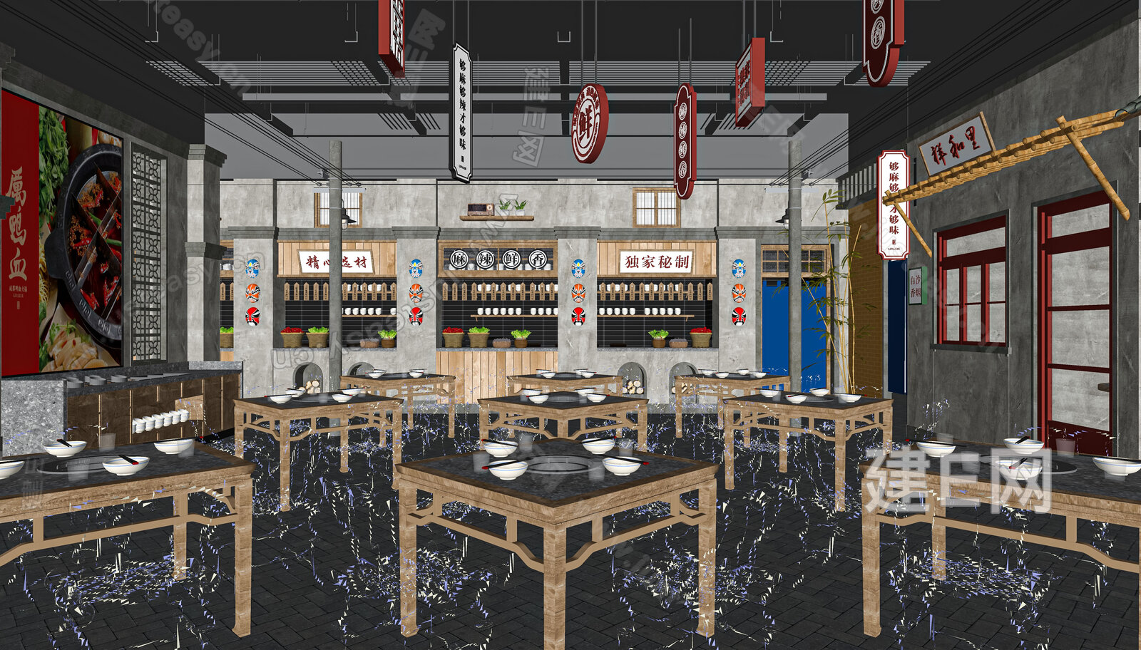 新中式火锅店SU模型下载[ID:114772919]，新中式火锅店，SU模型下载