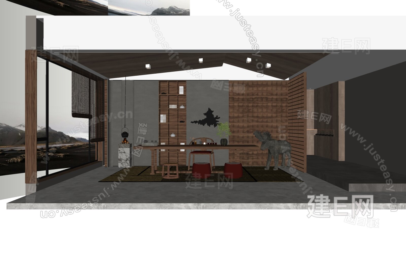 新中式茶室模型SU模型下载[ID:115166104]_建E室内设计网