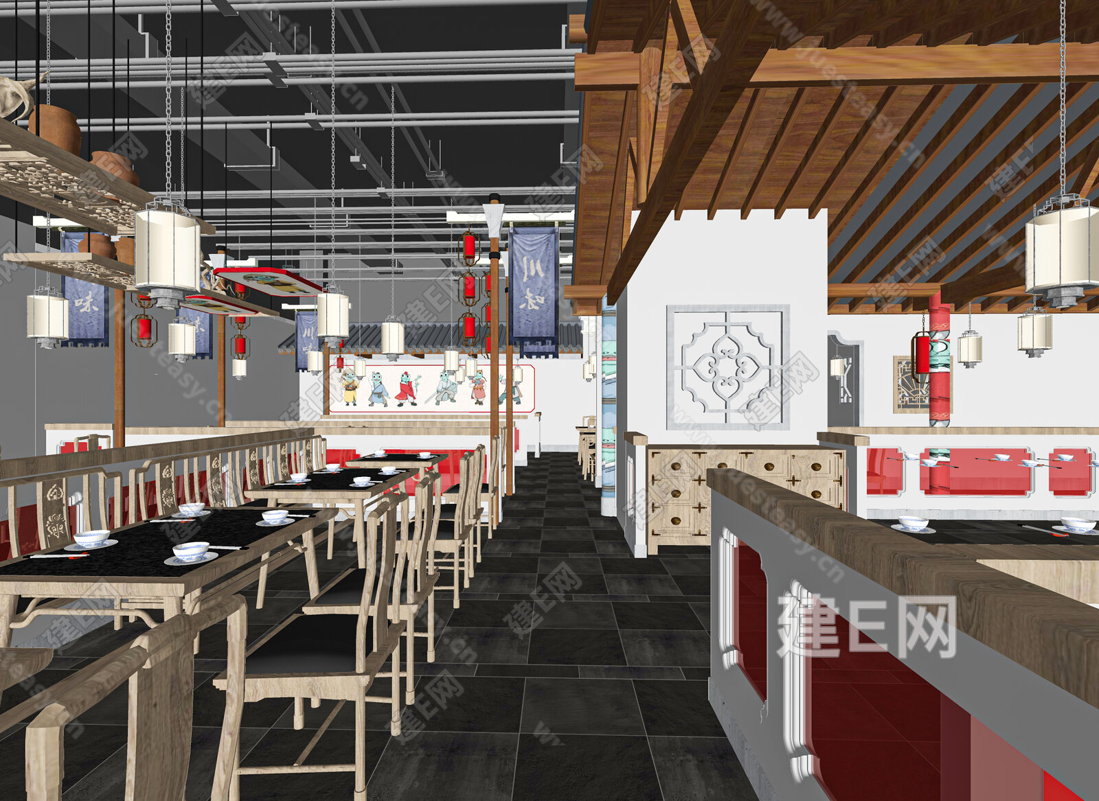 新中式火锅店 模型SU模型下载[ID:115231615]_建E室内设计网
