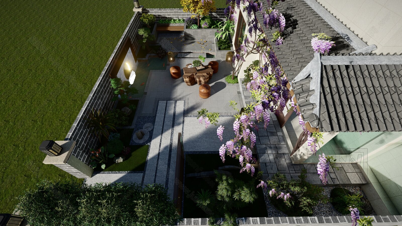 新中式庭院花园模型SU模型下载[ID:115690374]_建E室内设计网