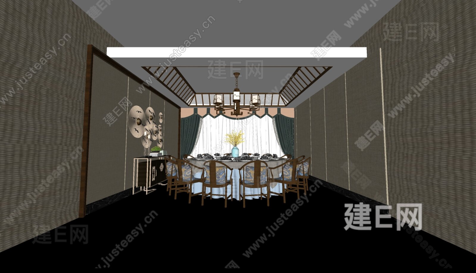 新中式餐厅模型SU模型下载[ID:116607905]_建e网su模型