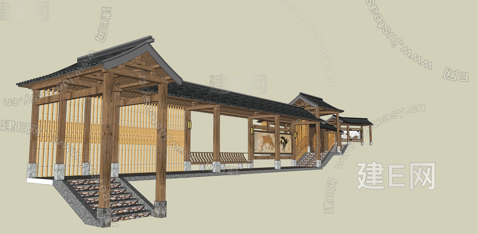 中式景观长廊模型SU模型下载[ID:117001006]_建E室内设计网