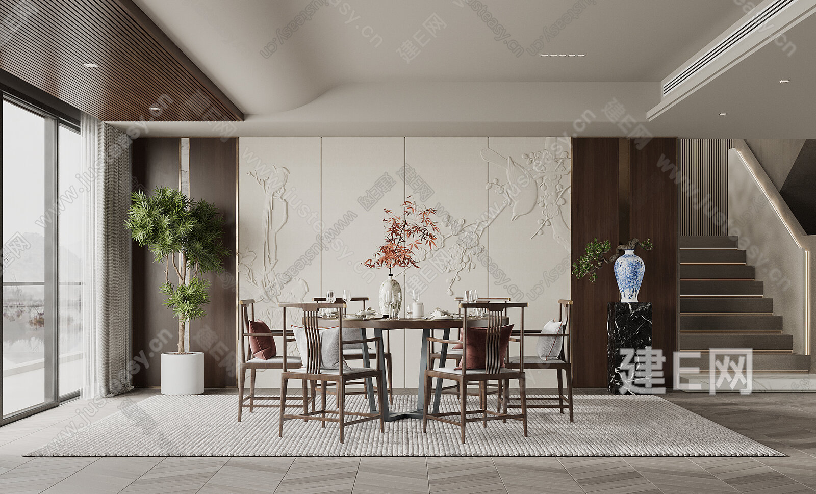 新中式餐厅3d模型下载[ID:105337548]_建e网3d模型