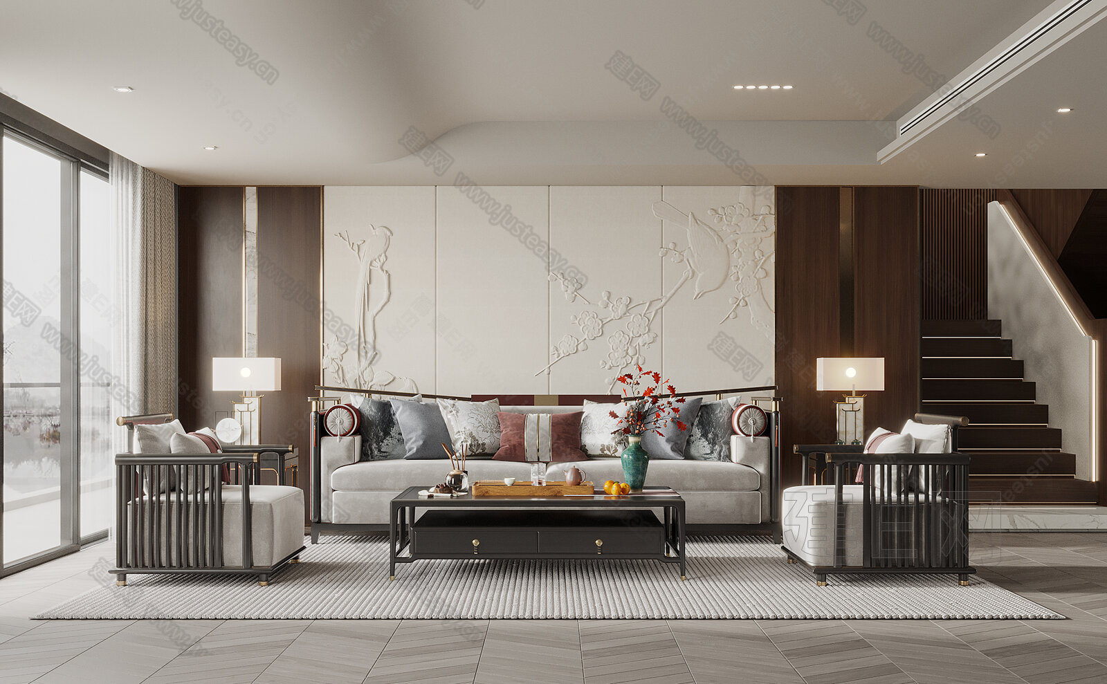 新中式客厅模型SU模型下载[ID:110578569]_建E室内设计网