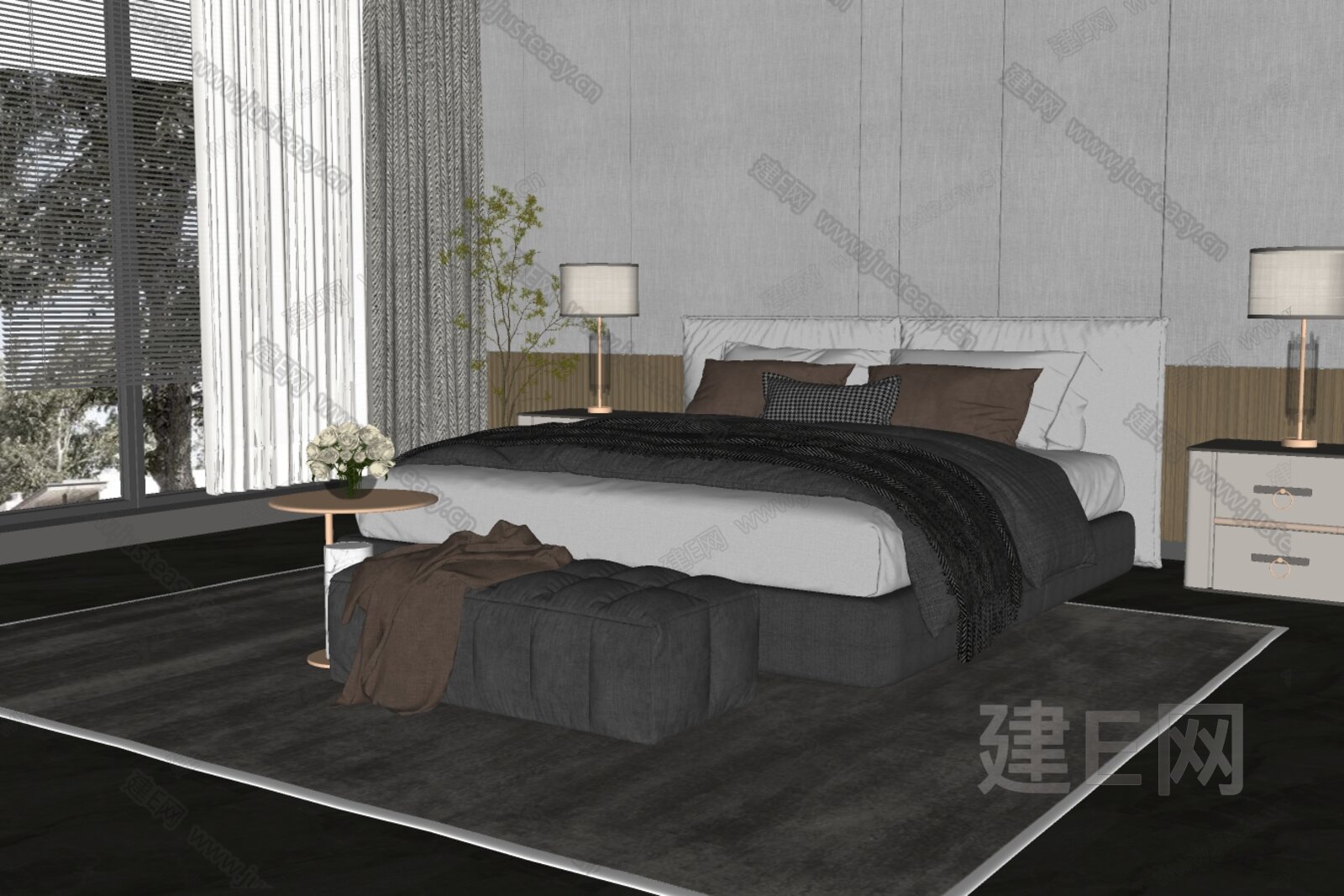 现代双人床模型SU模型下载[ID:110578627]_建E室内设计网