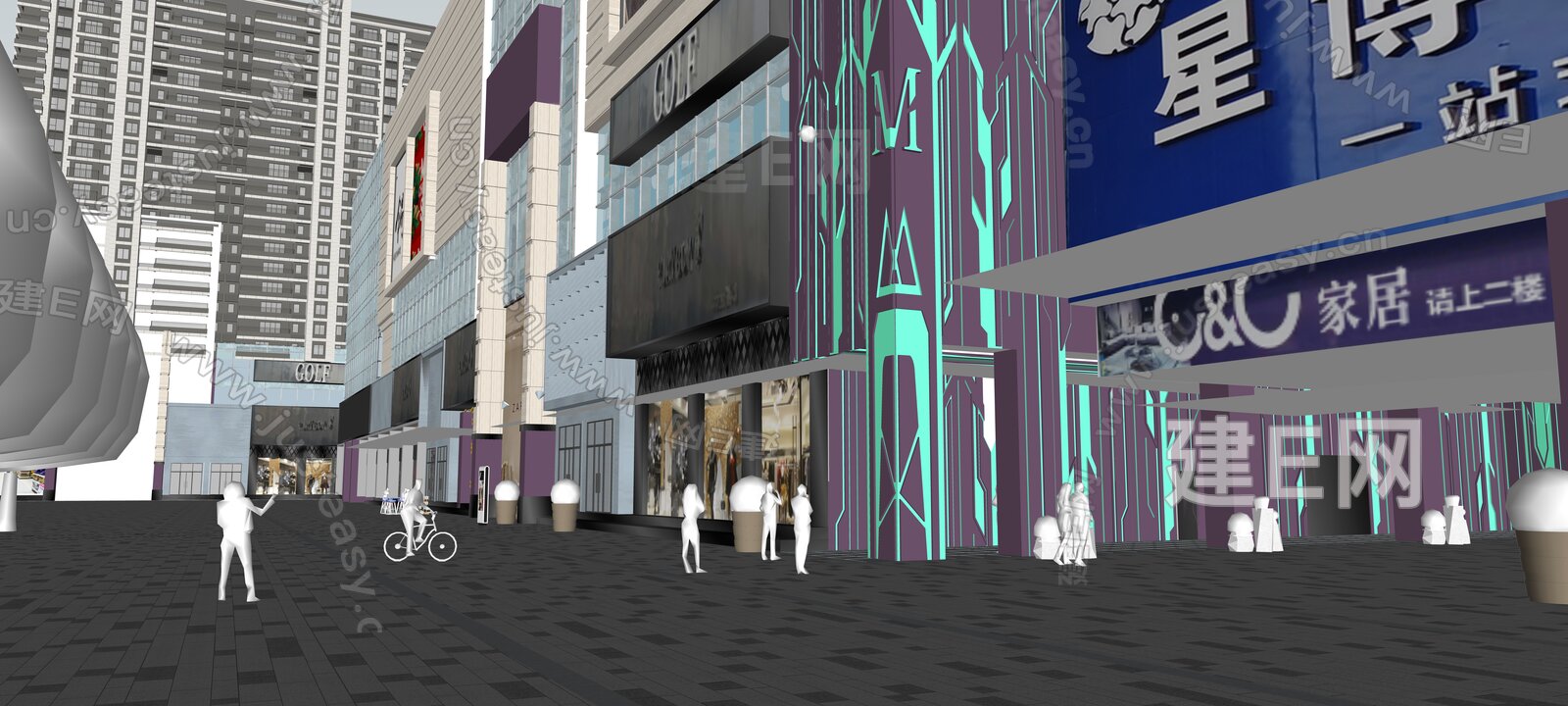 现代商业街模型SU模型下载[ID:110119723]_建E室内设计网
