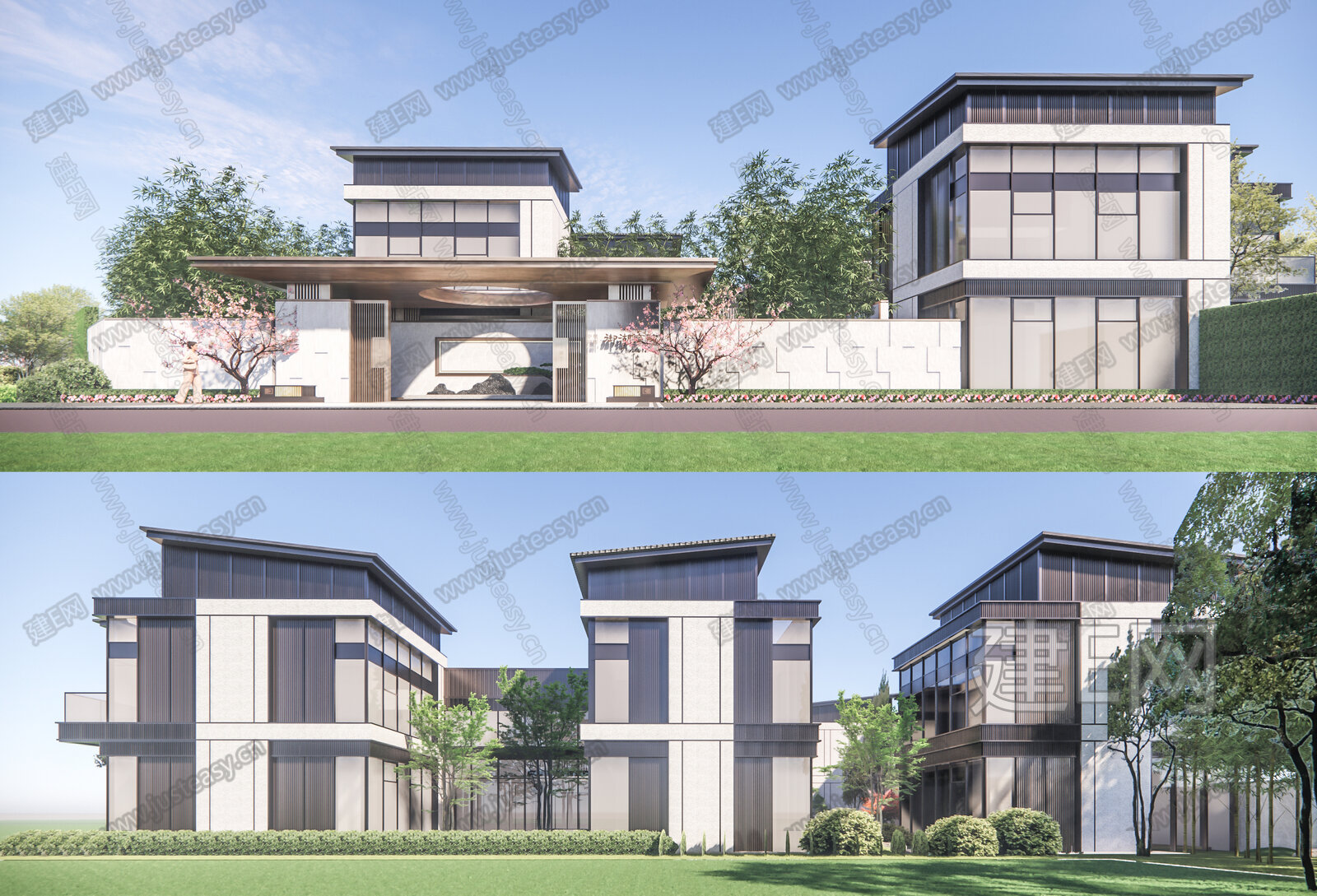 新中式联排别墅模型SU模型下载[ID:111168411]_建E室内设计网
