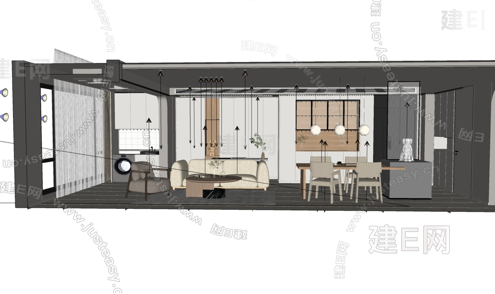 现代奶油风客餐厅 模型SU模型下载[ID:111168266]_建E室内设计网