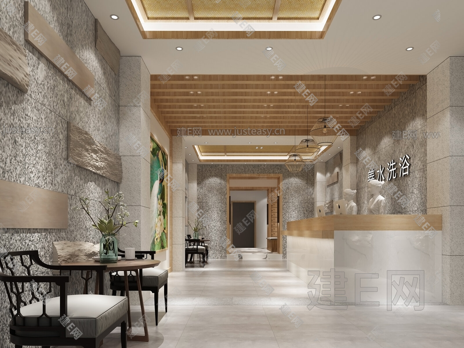 新中式洗浴中心前台3d模型下载[ID:108483242]_建e网3d模型