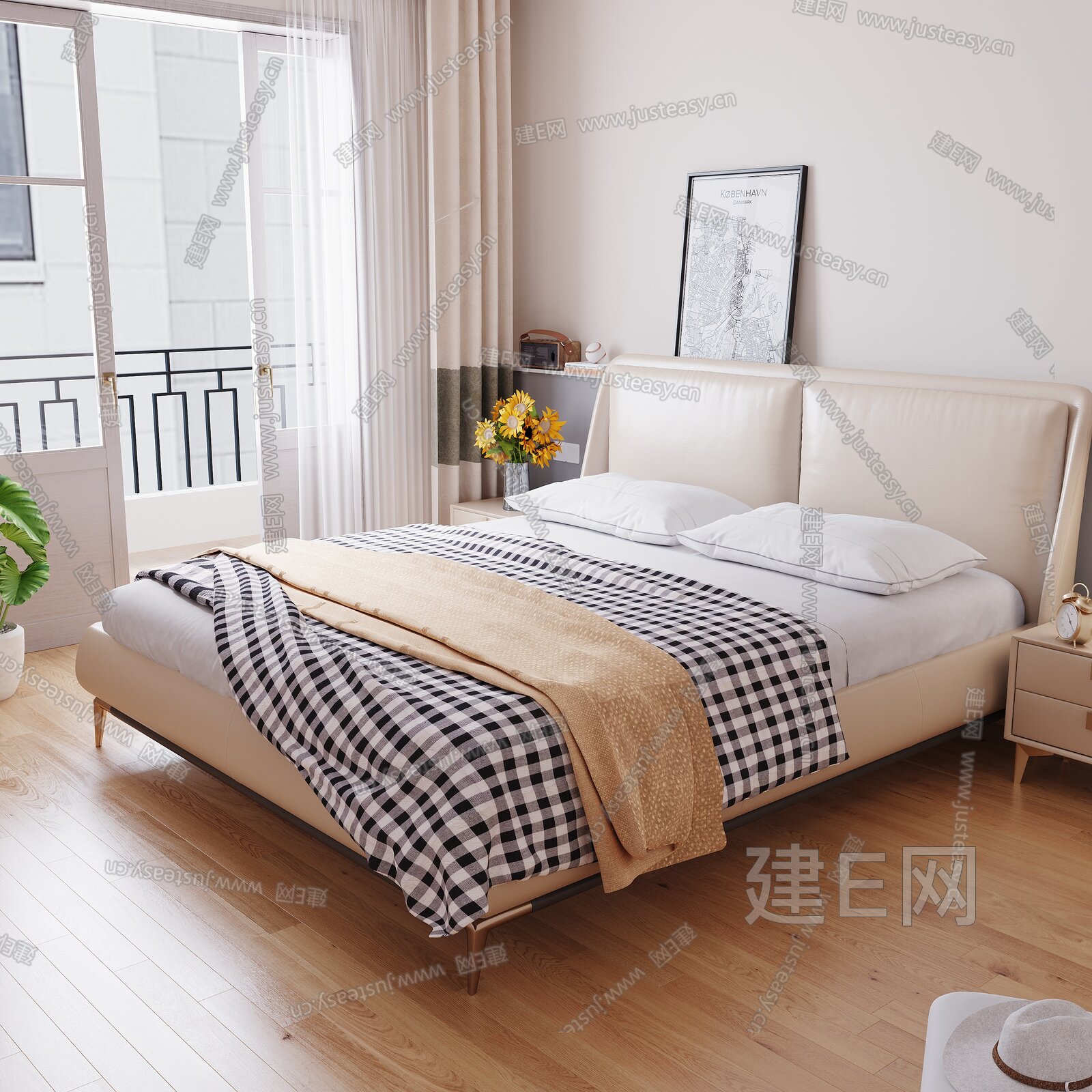 【现代奶油风卧室3d模型】建e网_现代奶油风卧室3d模型下载[ID:108417592]_打造3d现代奶油风卧室模型免费下载平台