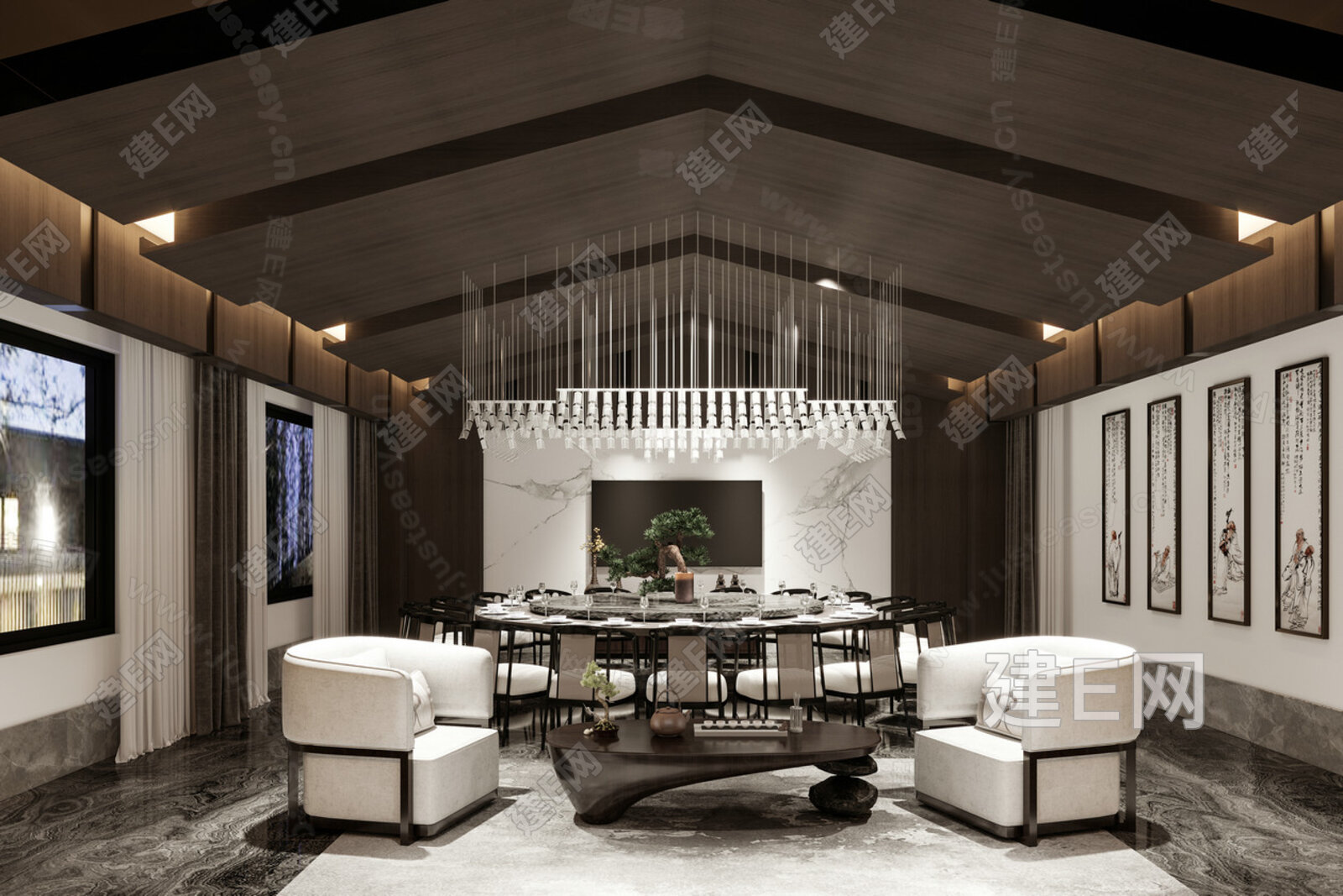 新中式餐厅包间3d模型下载[ID:108417729]_建e网3d模型