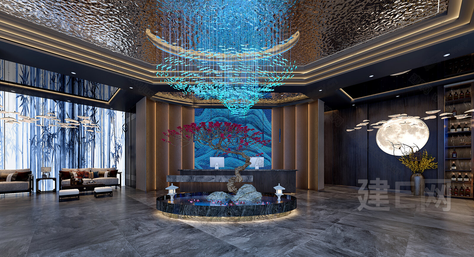 【新中式酒店大堂3d模型】建e网_新中式酒店大堂3d模型下载[ID:108548755]_打造3d新中式酒店大堂模型免费下载平台