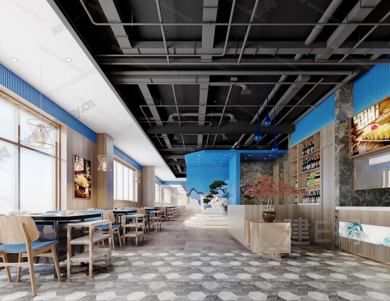 新中式火锅店SU模型下载[ID:112872302]，新中式火锅店，SU模型下载