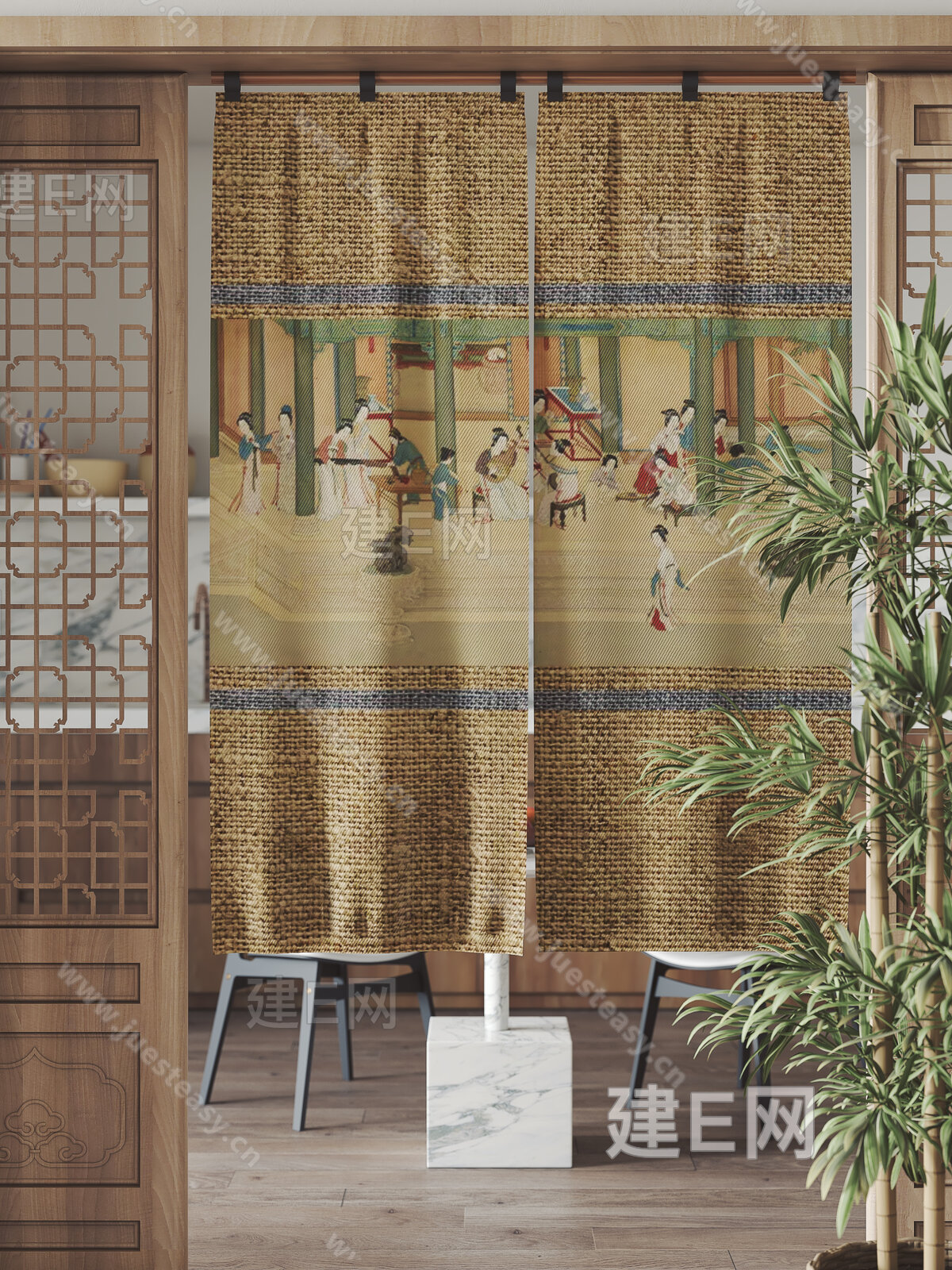 新中式布帘SU模型下载[ID:105400931]_建E网SU模型库