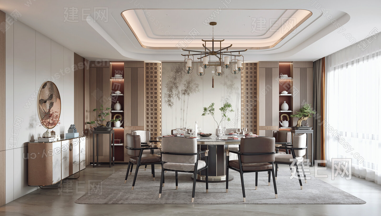 新中式餐厅包间3d模型下载[ID:102191820]_建e网3d模型