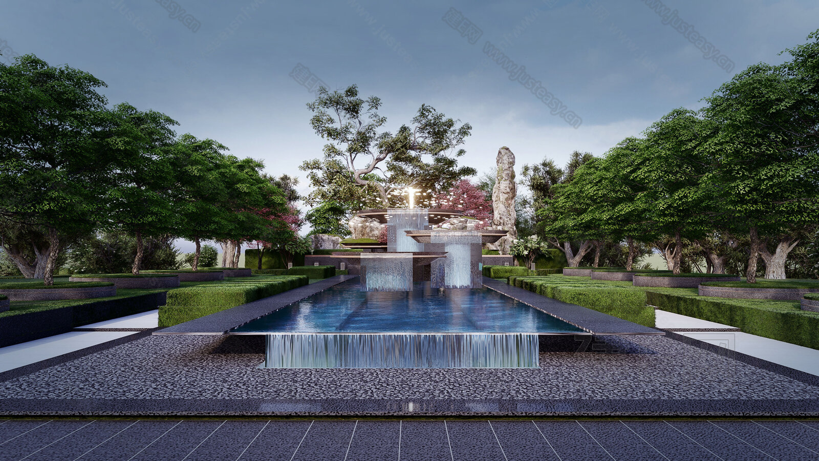 新中式喷泉水景模型SU模型下载[ID:105466591]_建e网su模型