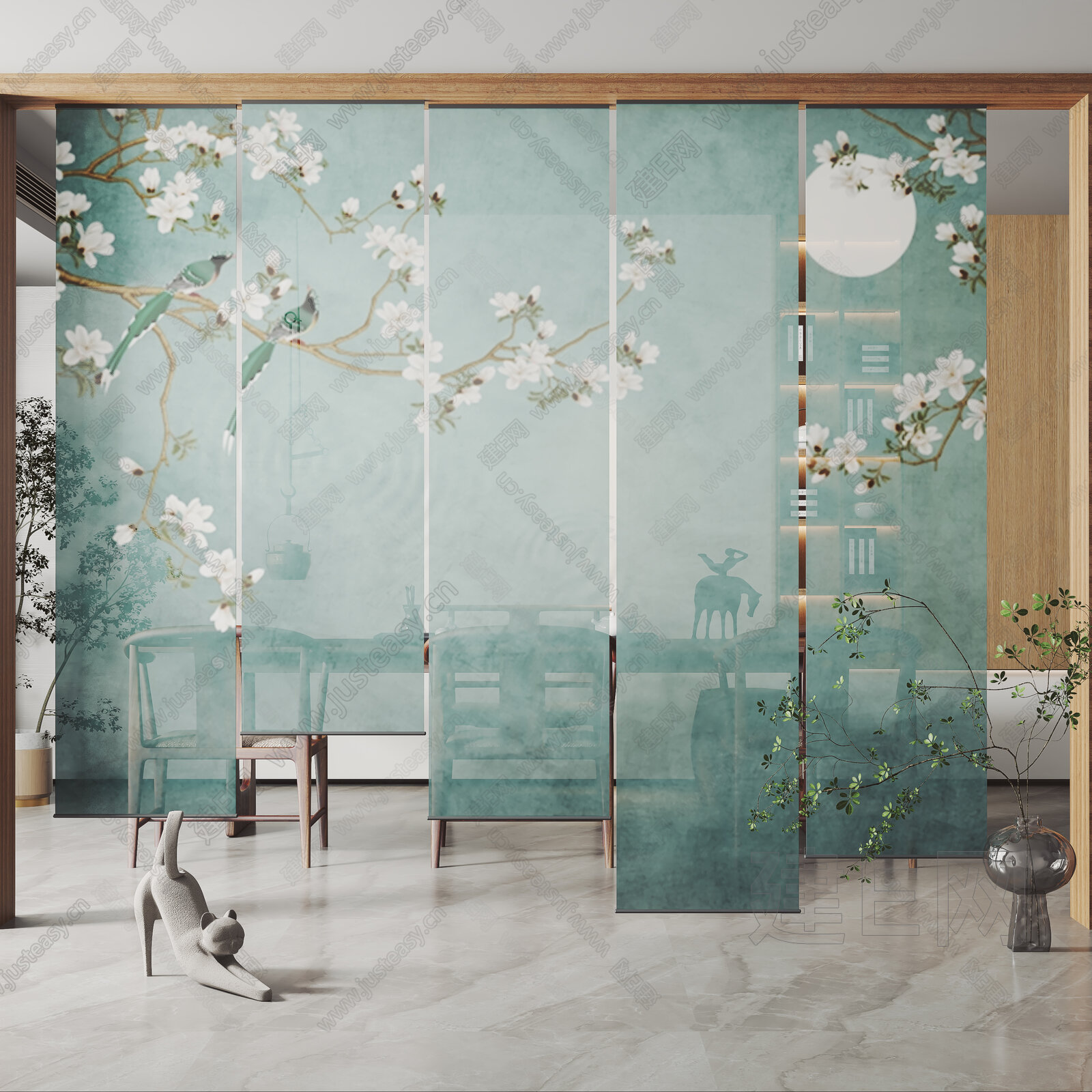 新中式纱帘卷帘模型SU模型下载[ID:106318456]_建e网su模型