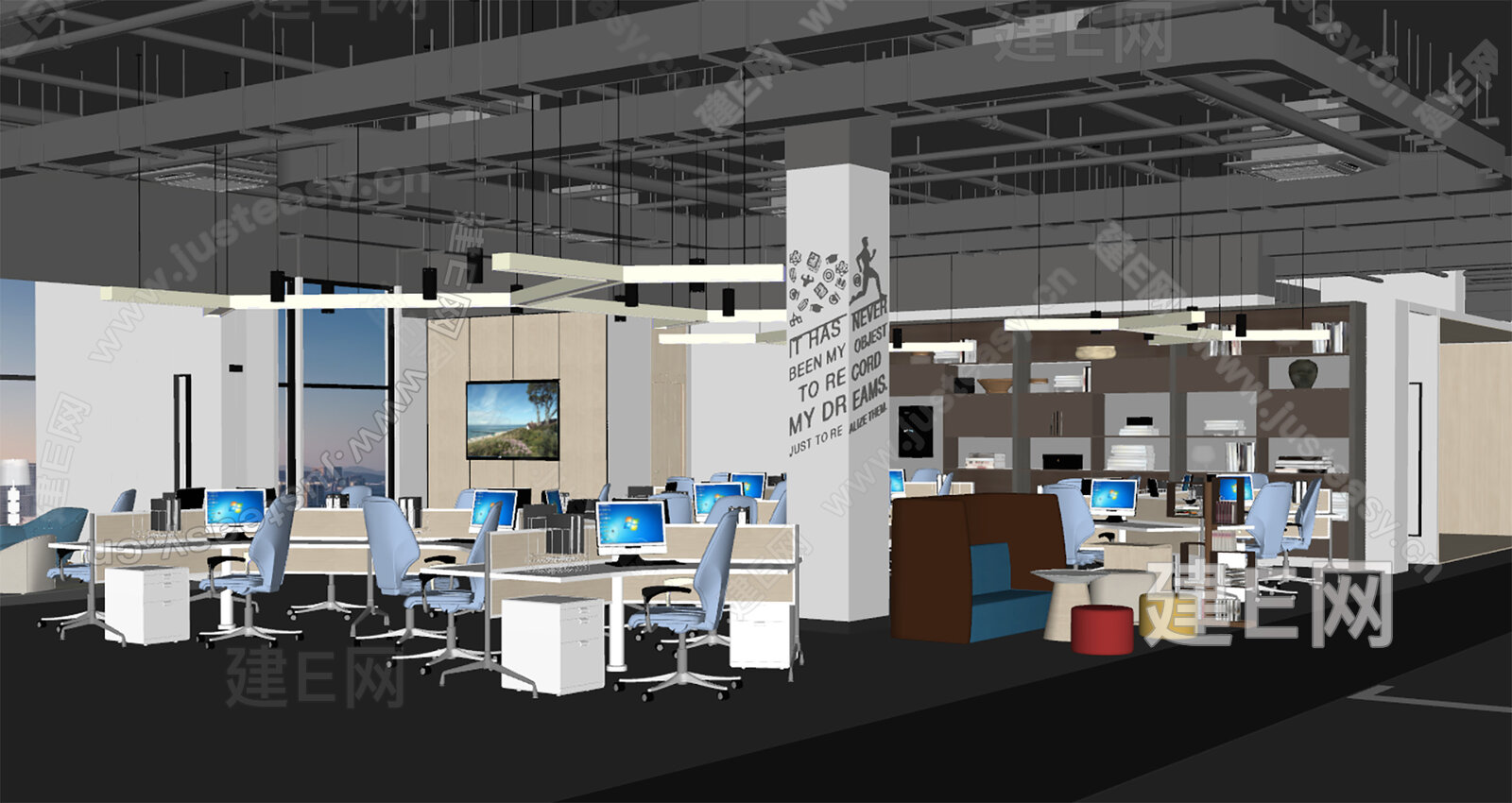现代开放办公区模型SU模型下载[ID:105990855]_建E室内设计网
