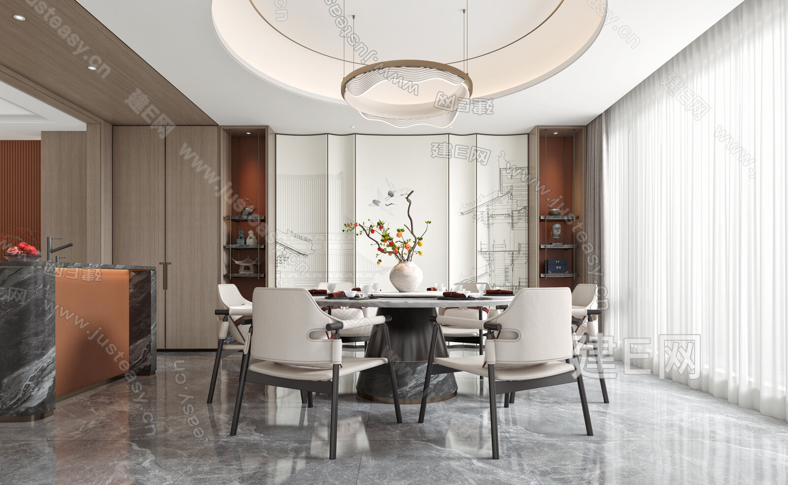 新中式餐厅模型SU模型下载[ID:106842761]_建E室内设计网