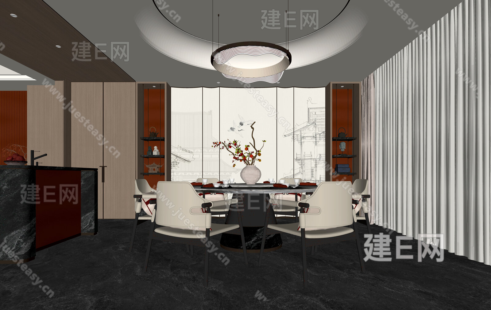 新中式餐厅模型SU模型下载[ID:106842761]_建E室内设计网