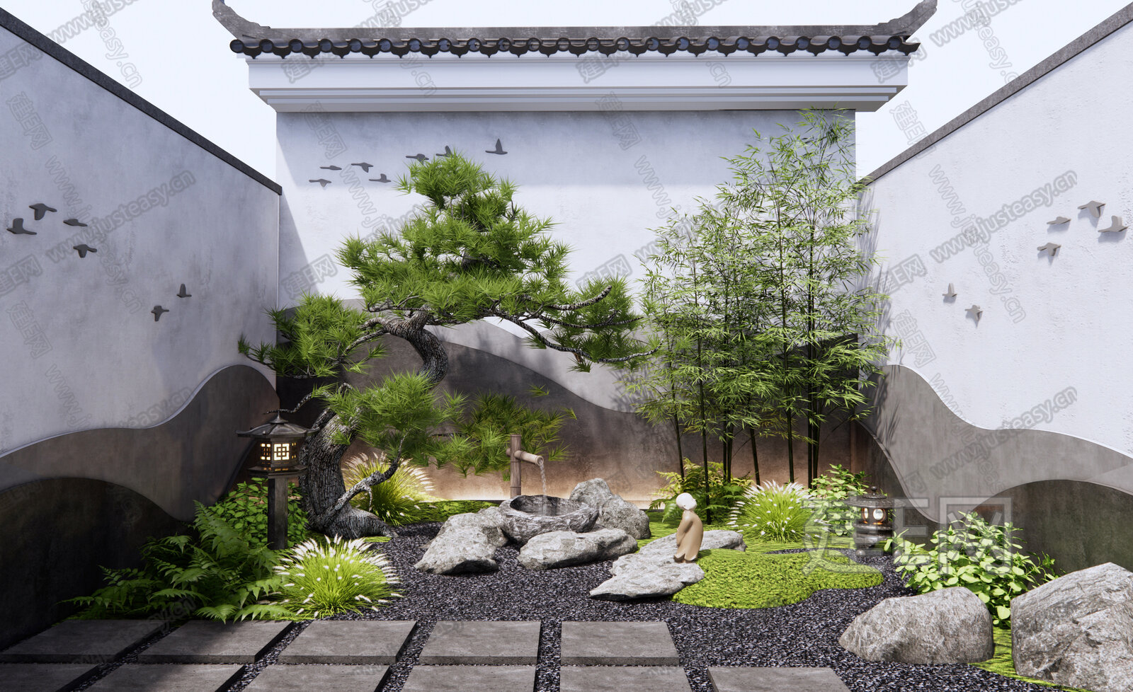 新中式庭院模型SU模型下载[ID:107236021]_建E室内设计网