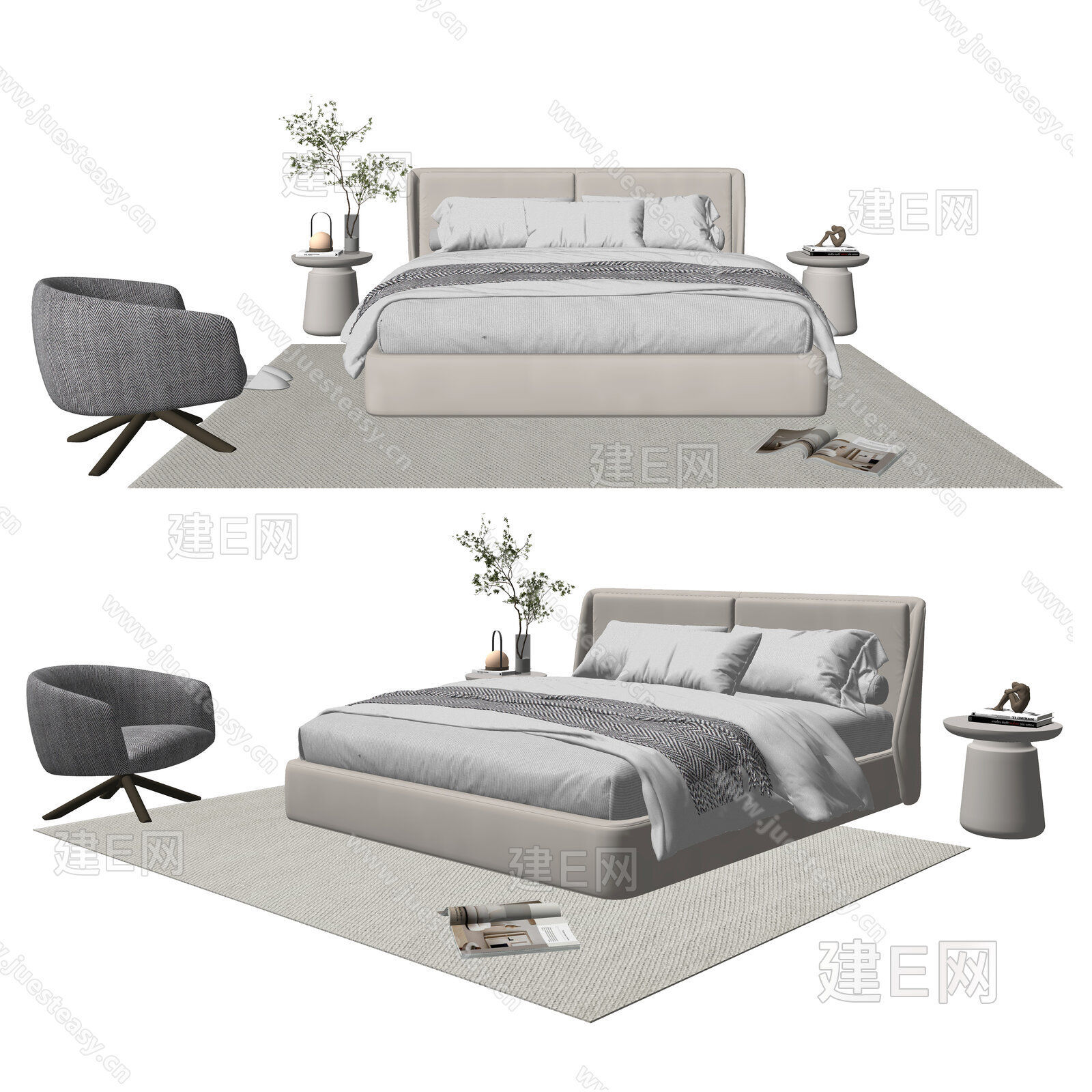 现代双人床模型SU模型下载[ID:107301404]_建E室内设计网