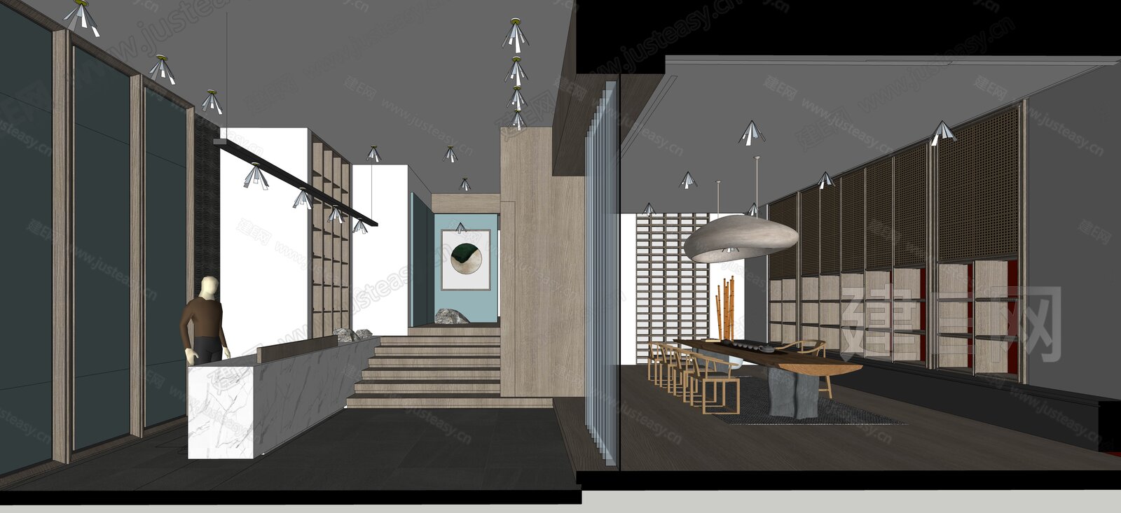 新中式茶室模型SU模型下载[ID:106973922]_建E室内设计网